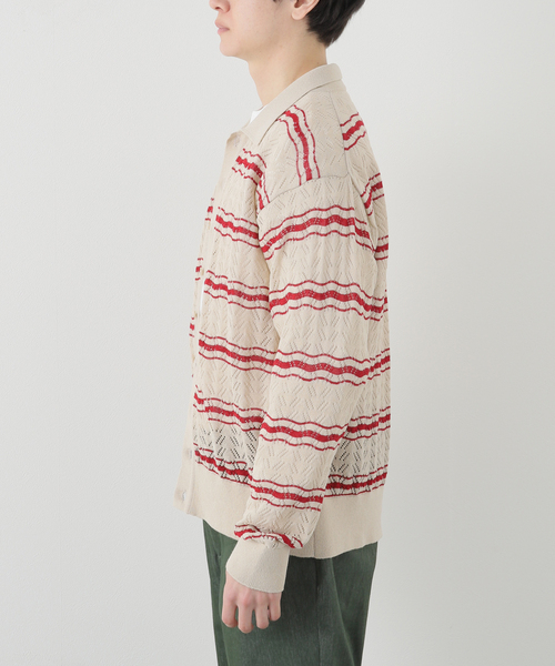 ALLEGE(アレッジ)の「【ALLEGE / アレッジ】OPENWARK BORDER CARDIGAN(カーディガン/ボレロ・メンズ・ベージュ/ブラック・3/4)」の5枚目の写真