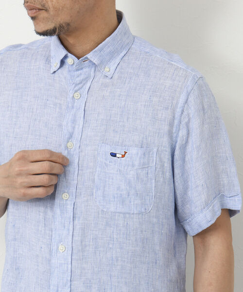 NOLLEY'S goodman（ノーリーズグッドマン）の「クジラ刺しゅう リネンボタンダウン半袖シャツ（シャツ/ブラウス・メンズ・ネイビー/レッド/ブラック/イエロー/ブルー・S/M/L/XL）」の3枚目の写真