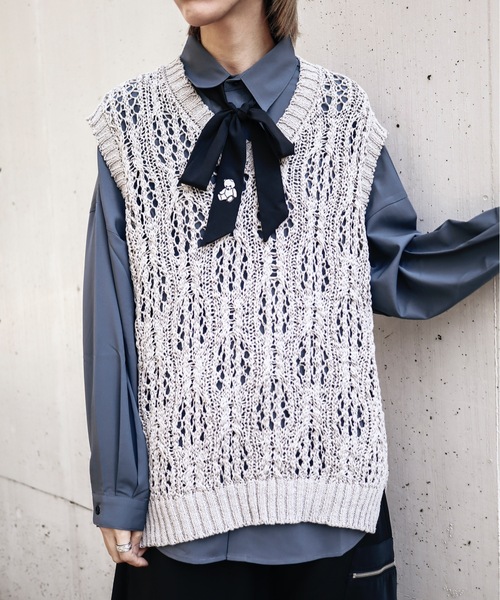 Bling Leads(ブリングリーズ)の「Z)【BLINGLEADS】RACE KNITVNECK VEST/レースニット Vネックベスト(ベスト・メンズ・グレー/ダークオレンジ/ブラック・MEDIUM/LARGE)」の3枚目の写真