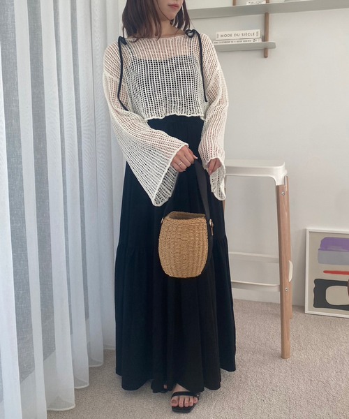 one after another NICE CLAUP（ワンアフターアナザーナイスクラップ）の「透かしあみトップス+カットワンピースセット（ワンピース・レディース・ブラック/レッド/杢グレー・FREE）」の5枚目の写真