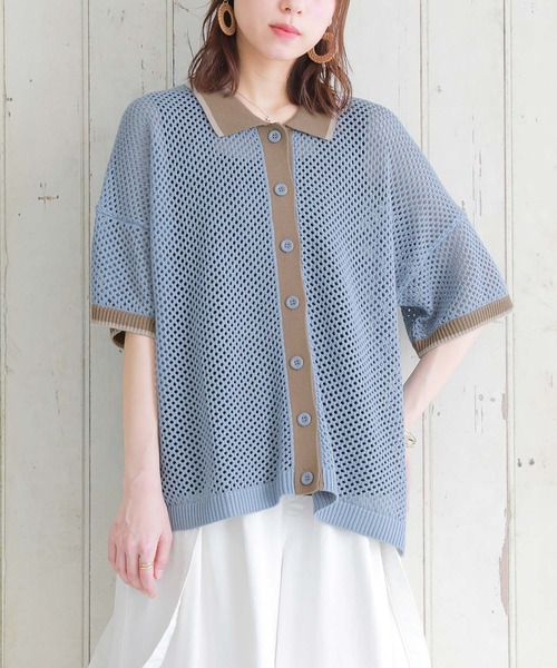 n'OrLABEL（ノアールレーベル）の「【廃盤】『配色×メッシュ編みニット』（ニット/セーター・レディース・ブラック/グレイッシュブルー・FREE）」の2枚目の写真