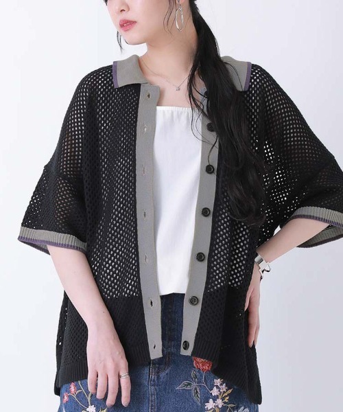 n'OrLABEL（ノアールレーベル）の「【廃盤】『配色×メッシュ編みニット』（ニット/セーター・レディース・ブラック/グレイッシュブルー・FREE）」の15枚目の写真