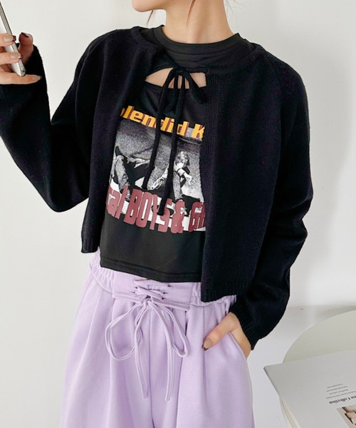 CLEA（クレア）の「フロントリボンスムースニットトップス（ニット/セーター・レディース・ブラック/ベージュ/アイボリー・FREE）」の3枚目の写真