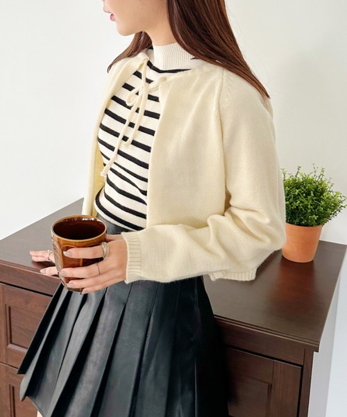 CLEA（クレア）の「フロントリボンスムースニットトップス（ニット/セーター・レディース・ブラック/ベージュ/アイボリー・FREE）」の10枚目の写真