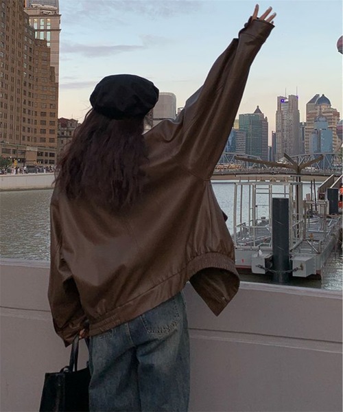 MAISON DE THERESE（メゾン ド テレーズ）の「ビッグシルエットフェイクレザーPUブルゾン/ジャケット【男女兼用】 ライダースジャケット（ライダースジャケット・レディース・ブラック/ブラウン・M/S/L/2XL/XL）」の3枚目の写真