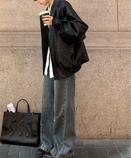 MAISON DE THERESE（メゾン ド テレーズ）の「ビッグシルエットフェイクレザーPUブルゾン/ジャケット【男女兼用】 ライダースジャケット（ライダースジャケット・レディース・ブラック/ブラウン・M/S/L/2XL/XL）」の6枚目の写真