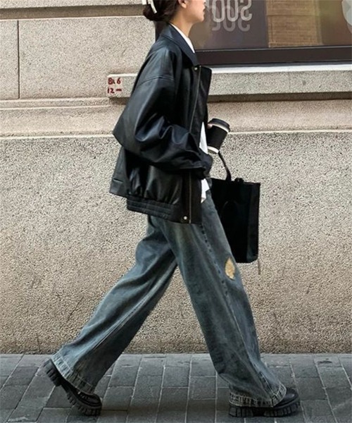 MAISON DE THERESE（メゾン ド テレーズ）の「ビッグシルエットフェイクレザーPUブルゾン/ジャケット【男女兼用】 ライダースジャケット（ライダースジャケット・レディース・ブラック/ブラウン・M/S/L/2XL/XL）」の9枚目の写真