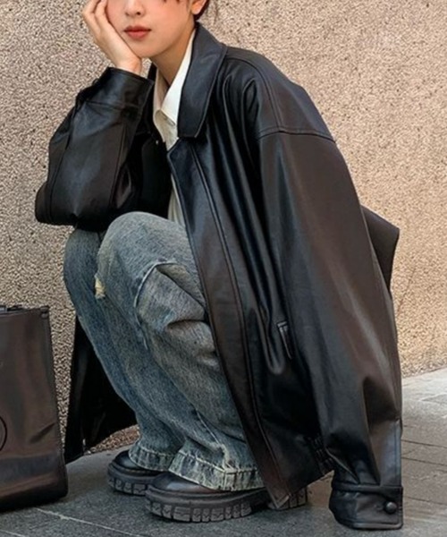 MAISON DE THERESE（メゾン ド テレーズ）の「ビッグシルエットフェイクレザーPUブルゾン/ジャケット【男女兼用】 ライダースジャケット（ライダースジャケット・レディース・ブラック/ブラウン・M/S/L/2XL/XL）」の14枚目の写真