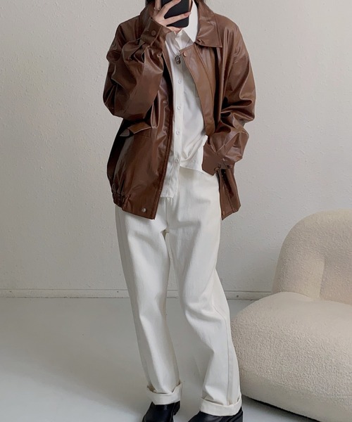 MAISON DE THERESE（メゾン ド テレーズ）の「ビッグシルエットフェイクレザーPUブルゾン/ジャケット【男女兼用】 ライダースジャケット（ライダースジャケット・レディース・ブラック/ブラウン・M/S/L/2XL/XL）」の16枚目の写真