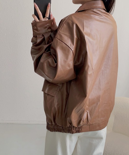 MAISON DE THERESE（メゾン ド テレーズ）の「ビッグシルエットフェイクレザーPUブルゾン/ジャケット【男女兼用】 ライダースジャケット（ライダースジャケット・レディース・ブラック/ブラウン・M/S/L/2XL/XL）」の17枚目の写真