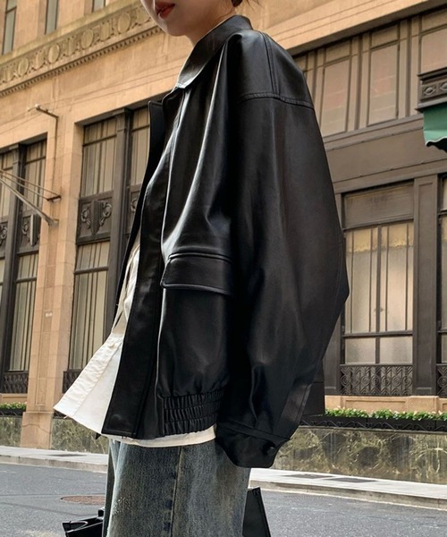 MAISON DE THERESE（メゾン ド テレーズ）の「ビッグシルエットフェイクレザーPUブルゾン/ジャケット【男女兼用】 ライダースジャケット（ライダースジャケット・レディース・ブラック/ブラウン・M/S/L/2XL/XL）」の12枚目の写真