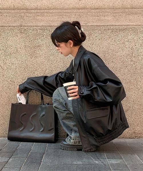 MAISON DE THERESE（メゾン ド テレーズ）の「ビッグシルエットフェイクレザーPUブルゾン/ジャケット【男女兼用】 ライダースジャケット（ライダースジャケット・レディース・ブラック/ブラウン・M/S/L/2XL/XL）」の15枚目の写真