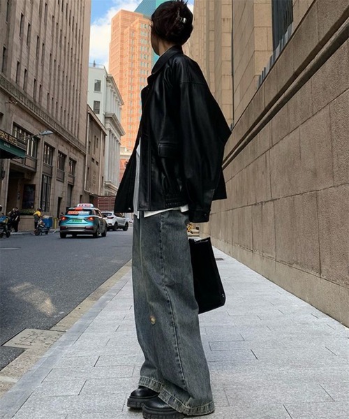 MAISON DE THERESE（メゾン ド テレーズ）の「ビッグシルエットフェイクレザーPUブルゾン/ジャケット【男女兼用】 ライダースジャケット（ライダースジャケット・レディース・ブラック/ブラウン・M/S/L/2XL/XL）」の7枚目の写真