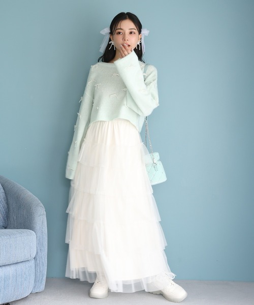 one after another NICE CLAUP（ワンアフターアナザーナイスクラップ）の「【ribbon collection】リボンパールニットプルオーバー（ニット/セーター・レディース・オフホワイト/ミント/チャコールグレー・FREE）」の14枚目の写真