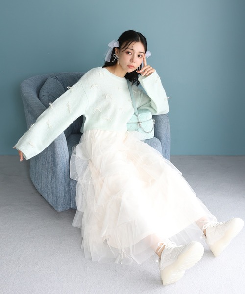 one after another NICE CLAUP（ワンアフターアナザーナイスクラップ）の「【ribbon collection】リボンパールニットプルオーバー（ニット/セーター・レディース・オフホワイト/ミント/チャコールグレー・FREE）」の15枚目の写真