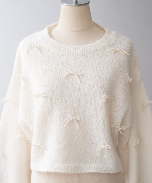 one after another NICE CLAUP（ワンアフターアナザーナイスクラップ）の「【ribbon collection】リボンパールニットプルオーバー（ニット/セーター・レディース・オフホワイト/ミント/チャコールグレー・FREE）」の21枚目の写真