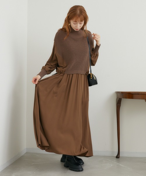 ROSIEE（ロージー）の「ROSIEE レイヤード風異素材ドッキングワンピース（ワンピース・レディース・ブラック/ブラウン・FREE）」の4枚目の写真