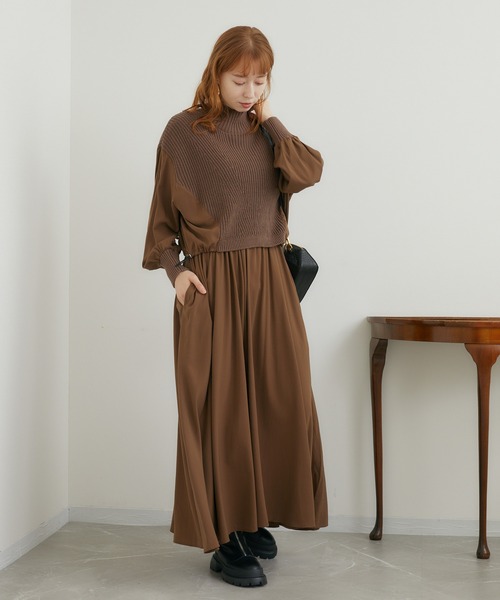 ROSIEE（ロージー）の「ROSIEE レイヤード風異素材ドッキングワンピース（ワンピース・レディース・ブラック/ブラウン・FREE）」の6枚目の写真