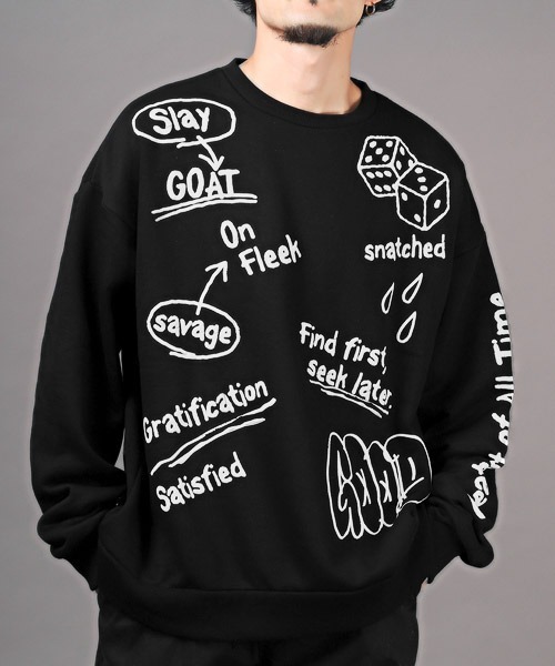 LUXSTYLE（ラグスタイル）の「落書き発泡プリント裏起毛スウェット（スウェット・メンズ・ホワイト/ブラック・L/M）」の2枚目の写真