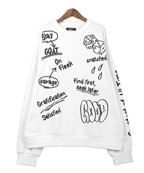 LUXSTYLE（ラグスタイル）の「落書き発泡プリント裏起毛スウェット（スウェット・メンズ・ホワイト/ブラック・L/M）」の9枚目の写真