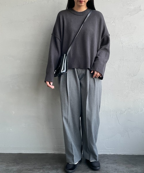 mizuiroind（ミズイロインド）の「[mizuiro ind/ミズイロインド] ワイドシルエット クルーネックニット（ニット/セーター・レディース・ライトグレー/ダークグレー・F）」の4枚目の写真