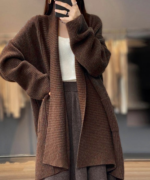 Miniministore（ミニミニストア）の「ニットカーディガン ロング丈 秋冬 韓国（カーディガン/ボレロ・レディース・ブラウン/ベージュ/ネイビー/モカ・フリー）」の2枚目の写真