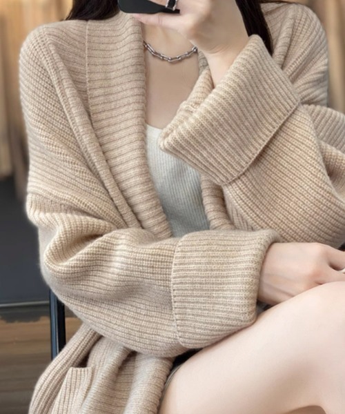 Miniministore（ミニミニストア）の「ニットカーディガン ロング丈 秋冬 韓国（カーディガン/ボレロ・レディース・ブラウン/ベージュ/ネイビー/モカ・フリー）」の10枚目の写真