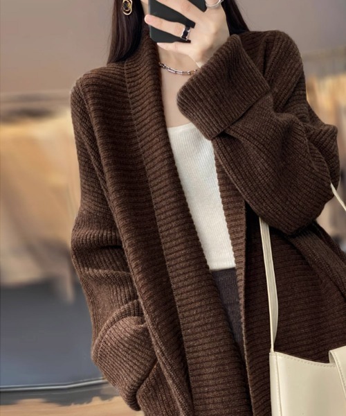 Miniministore（ミニミニストア）の「ニットカーディガン ロング丈 秋冬 韓国（カーディガン/ボレロ・レディース・ブラウン/ベージュ/ネイビー/モカ・フリー）」の14枚目の写真