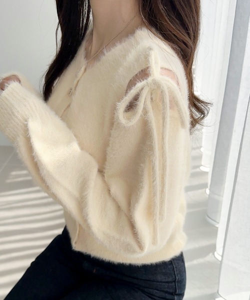 mily bilet（ミウィビレット）の「【mily bilet】フェミニン度高まるふんわりシャギーニット！スリットショルダーリボンカーディガン（カーディガン/ボレロ・レディース・ベージュ/アイボリー/ブラック・X-LARGE/SMALL/MEDIUM/LARGE）」の18枚目の写真