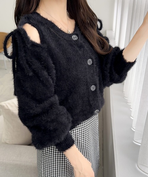 mily bilet（ミウィビレット）の「【mily bilet】フェミニン度高まるふんわりシャギーニット！スリットショルダーリボンカーディガン（カーディガン/ボレロ・レディース・ベージュ/アイボリー/ブラック・X-LARGE/SMALL/MEDIUM/LARGE）」の11枚目の写真