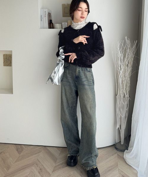 mily bilet（ミウィビレット）の「【mily bilet】フェミニン度高まるふんわりシャギーニット！スリットショルダーリボンカーディガン（カーディガン/ボレロ・レディース・ベージュ/アイボリー/ブラック・X-LARGE/SMALL/MEDIUM/LARGE）」の7枚目の写真