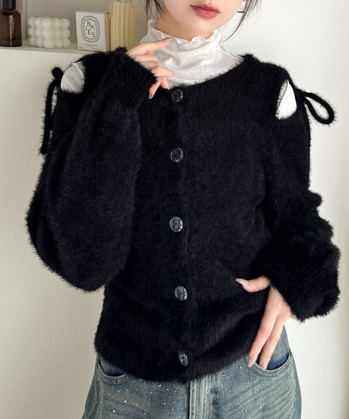 mily bilet（ミウィビレット）の「【mily bilet】フェミニン度高まるふんわりシャギーニット！スリットショルダーリボンカーディガン（カーディガン/ボレロ・レディース・ベージュ/アイボリー/ブラック・X-LARGE/SMALL/MEDIUM/LARGE）」の6枚目の写真