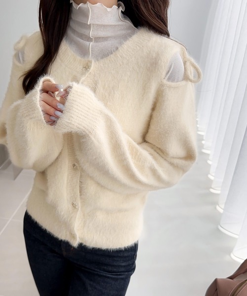 mily bilet（ミウィビレット）の「【mily bilet】フェミニン度高まるふんわりシャギーニット！スリットショルダーリボンカーディガン（カーディガン/ボレロ・レディース・ベージュ/アイボリー/ブラック・X-LARGE/SMALL/MEDIUM/LARGE）」の10枚目の写真