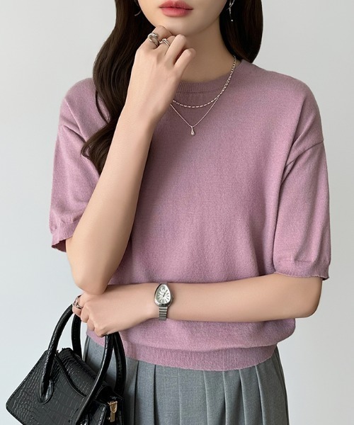 COCOMOMO（ココモモ）の「ジャケット合わせにも。大人のキレカジニット クルーネックニット きれいめ サマーニット 半袖ニット クルーネック ニット 半袖 オフィスカジュアル 春服 夏服 秋服（ニット/セーター・レディース・ブルー/イエロー/ピンク/ベージュ/ブラック/ホワイト/ライトブラウン/グリーン/ロイヤルブルー/グレー/ネイビー/ダークブラウン/ワインレッド/パープル・FREE）」の11枚目の写真