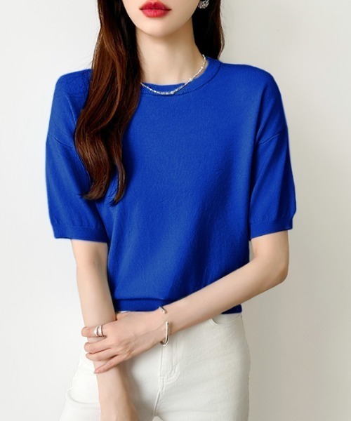 COCOMOMO（ココモモ）の「ジャケット合わせにも。大人のキレカジニット クルーネックニット きれいめ サマーニット 半袖ニット クルーネック ニット 半袖 オフィスカジュアル 春服 夏服 秋服（ニット/セーター・レディース・ブルー/イエロー/ピンク/ベージュ/ブラック/ホワイト/ライトブラウン/グリーン/ロイヤルブルー/グレー/ネイビー/ダークブラウン/ワインレッド/パープル・FREE）」の10枚目の写真