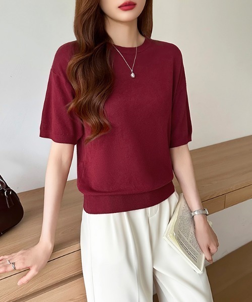 COCOMOMO（ココモモ）の「ジャケット合わせにも。大人のキレカジニット クルーネックニット きれいめ サマーニット 半袖ニット クルーネック ニット 半袖 オフィスカジュアル 春服 夏服 秋服（ニット/セーター・レディース・ブルー/イエロー/ピンク/ベージュ/ブラック/ホワイト/ライトブラウン/グリーン/ロイヤルブルー/グレー/ネイビー/ダークブラウン/ワインレッド/パープル・FREE）」の14枚目の写真