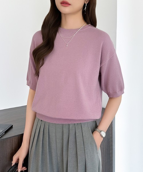 COCOMOMO(ココモモ)の「オンオフ使える大人のキレカジニット クルーネックサマーニット きれいめ サマーニット 半袖ニット クルーネック ニット 五分袖 半袖 オフィス オフィスカジュアル ジャケット合わせ 春服 夏服 秋服(ニット/セーター・レディース・ブルー/イエロー/ピンク/ベージュ/ブラック/ホワイト/ライトブラウン/グリーン/ロイヤルブルー/グレー/ネイビー/ダークブラウン/ワインレッド/パープル・FREE)」の22枚目の写真