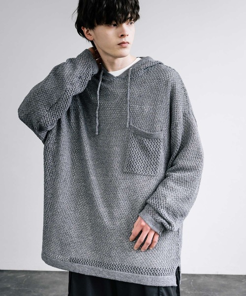 Rocky Monroe(ロッキーモンロー)の「オーバーサイズメッシュ編みニットプルパーカー(パーカー・メンズ・チャコールグレー/ナチュラル/ブラック/ライトグレー/パープル/マスタード・M/L)」の1枚目の写真