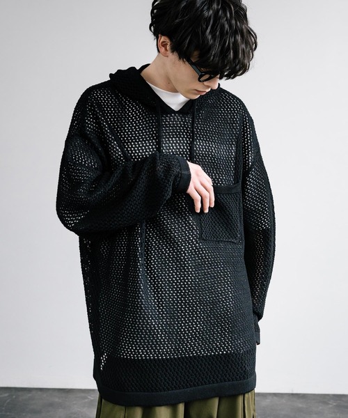 Rocky Monroe(ロッキーモンロー)の「オーバーサイズメッシュ編みニットプルパーカー(パーカー・メンズ・チャコールグレー/ナチュラル/ブラック/ライトグレー/パープル/マスタード・M/L)」の12枚目の写真