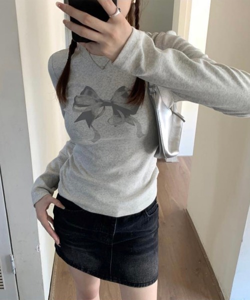 LYEON（リヨン）の「BIGリボンロンT（Tシャツ/カットソー・レディース・オフホワイト/グレー/ブラック・FREE）」の3枚目の写真