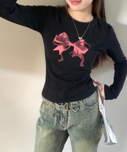 LYEON（リヨン）の「BIGリボンロンT（Tシャツ/カットソー・レディース・オフホワイト/グレー/ブラック・FREE）」の10枚目の写真