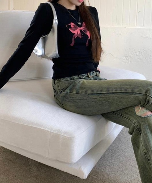 LYEON（リヨン）の「BIGリボンロンT（Tシャツ/カットソー・レディース・オフホワイト/グレー/ブラック・FREE）」の9枚目の写真