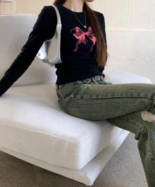 LYEON（リヨン）の「BIGリボンロンT（Tシャツ/カットソー・レディース・オフホワイト/グレー/ブラック・FREE）」の8枚目の写真