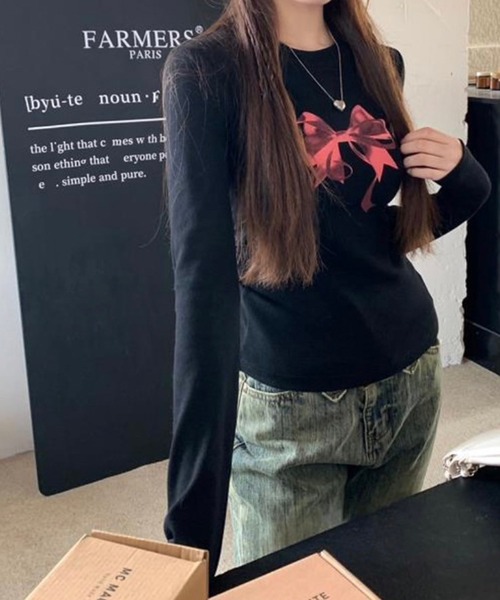 LYEON（リヨン）の「BIGリボンロンT（Tシャツ/カットソー・レディース・オフホワイト/グレー/ブラック・FREE）」の7枚目の写真