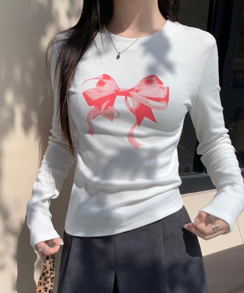 LYEON（リヨン）の「BIGリボンロンT（Tシャツ/カットソー・レディース・オフホワイト/グレー/ブラック・FREE）」の5枚目の写真