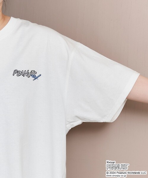 スヌーピー　Tシャツ　半袖　レディースL　デカサガラ刺繍　バックプリント♪　W スヌーピー Tシャツ 半袖 レディースL デカサガラ刺繍 バック