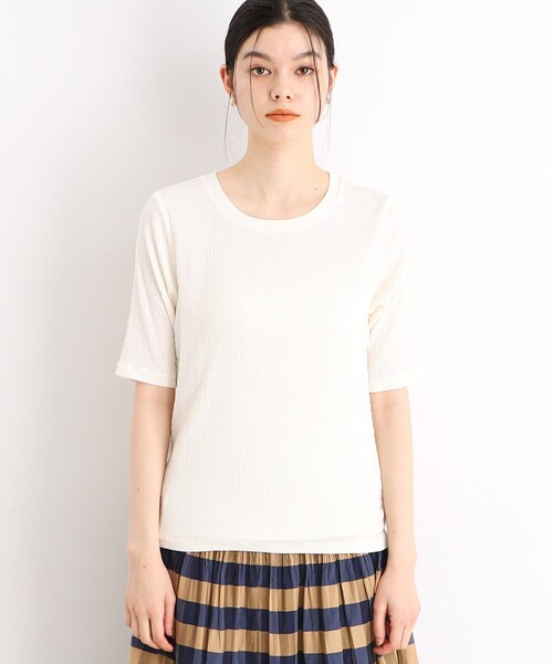 THE SHOP TK (ザ ショップ ティーケー )の「◆【腕周りカバー】ぽこぽこTシャツ/洗濯機OK(Tシャツ/カットソー・レディース・オフホワイト/ブラック/スモーキーグリーン系・12/13)」の4枚目の写真