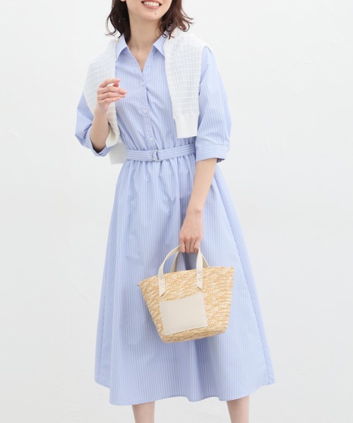 Honeys(ハニーズ)の「6分袖シャツワンピース(シャツワンピース・レディース・ネイビー/ブルー系その他/ブラック系その他/ホワイト×ブルー・S/M/L/LL/3L)」の4枚目の写真