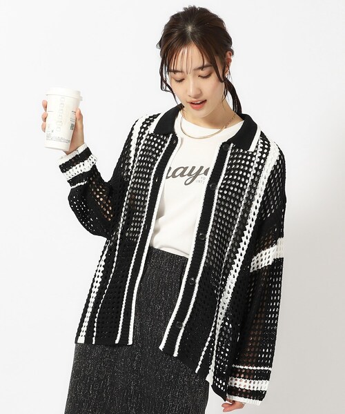 Cutie Blonde（キューティーブロンド）の「◆衿付き配色メッシュニットカーディガン（カーディガン/ボレロ・レディース・ホワイト系その他3/ベージュ系2/ブラック系2・00）」の2枚目の写真