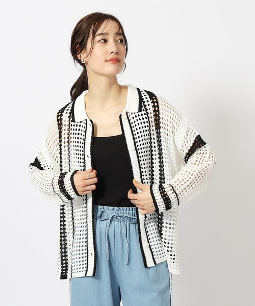 Cutie Blonde（キューティーブロンド）の「◆衿付き配色メッシュニットカーディガン（カーディガン/ボレロ・レディース・ホワイト系その他3/ベージュ系2/ブラック系2・00）」の4枚目の写真